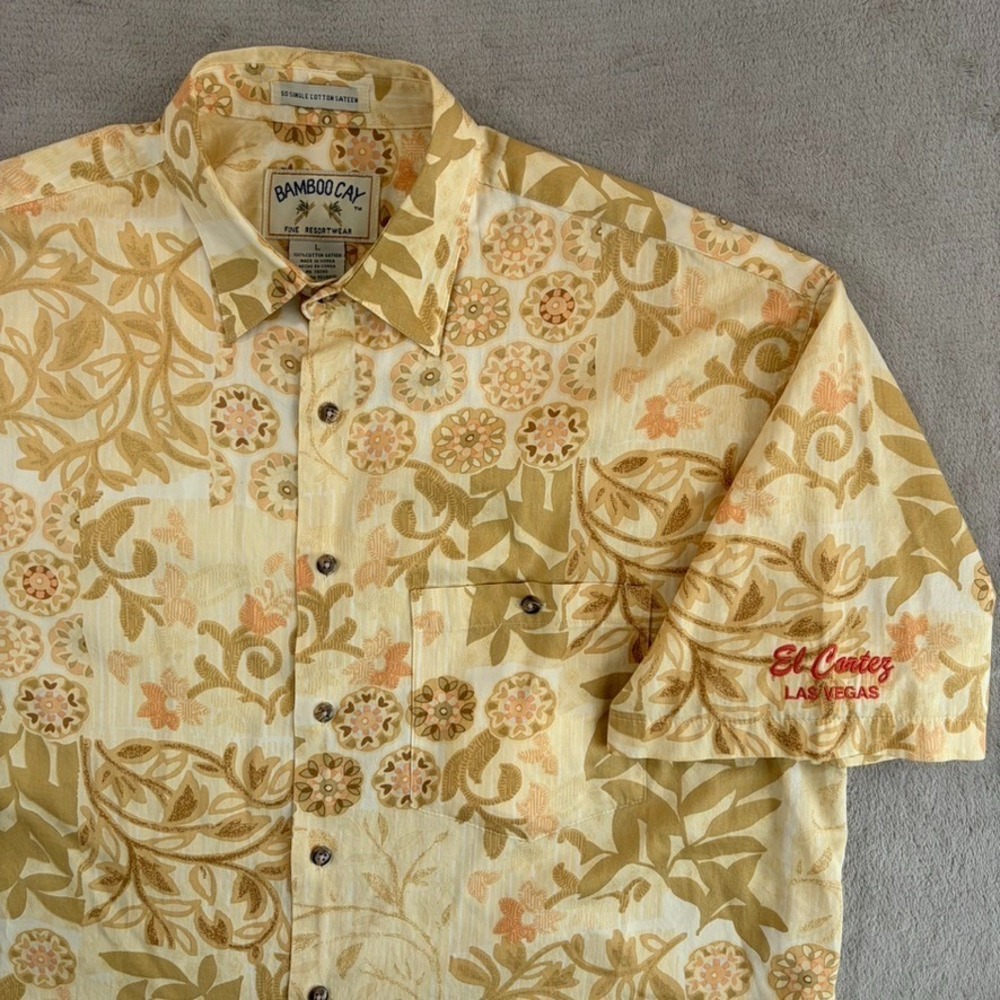 Vintage Bamboo Cay‎ Hawaiian x El Cortez Las Vegas Shirt Men Large Beige Floral